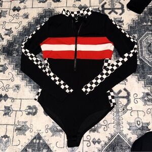 Windsor Black Racecar Driver Bodysuit with Checkered Collar